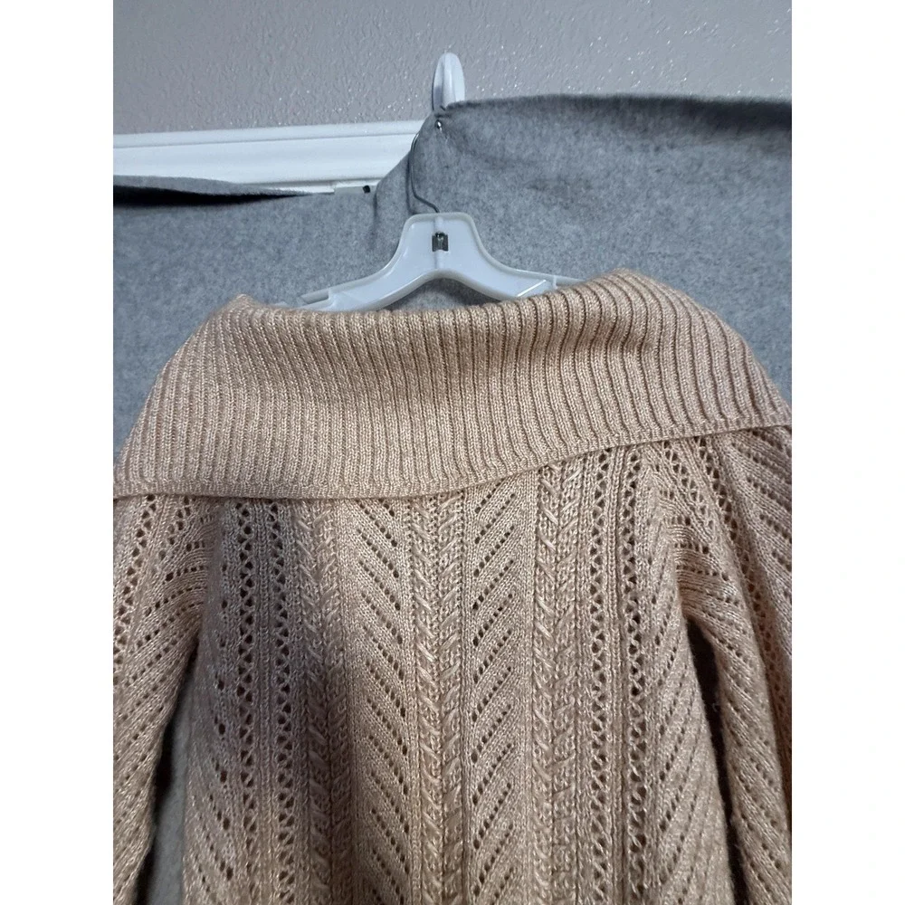 White House Black Market‎ Sweater Womens Medium Beige Cowl Neck Open Knit Bow